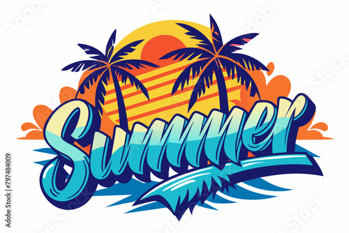 Summer t-shirt design. Retro and vintage summer vibes t-shirt design with palm tree  sea beach  and sunset vector illustration.