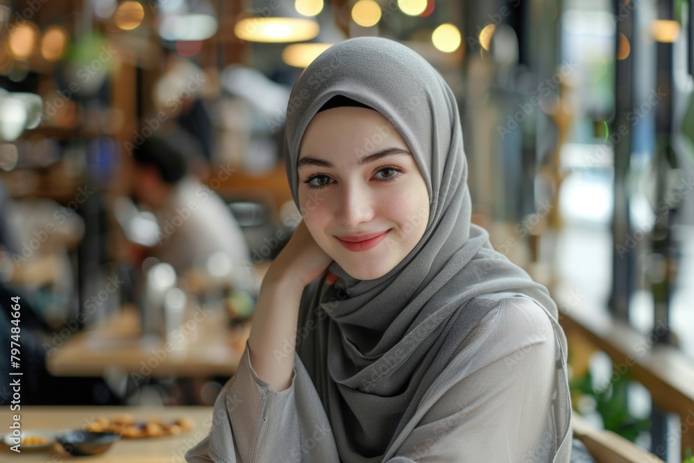 beautiful Muslim girl in hijab smiling waiting for her food in a restaurant beautiful Muslim girl in hijab smiling waiting for her food in a restaurant