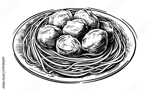 spaghetti meat ball engraving black and white outline