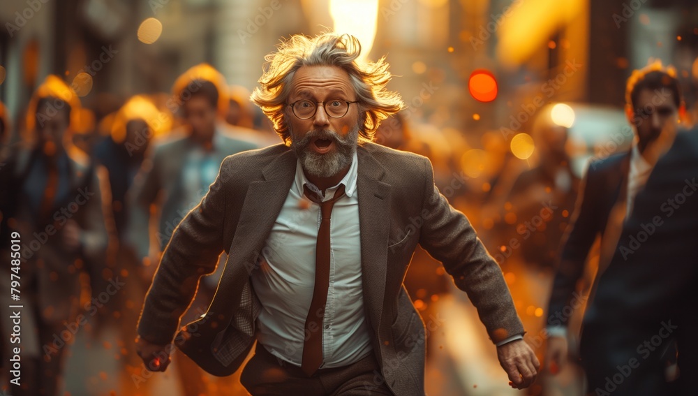 A man in formal wear and a beard is sprinting through the city streets