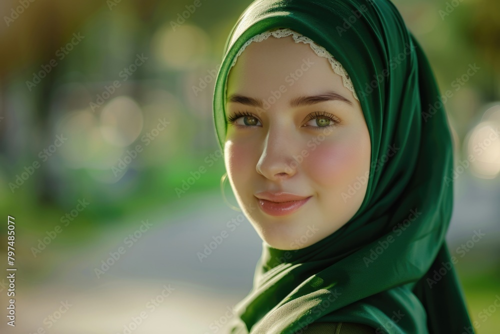 Fashion portrait of young beautiful muslim woman with green costume wearing hijab Fashion portrait of young beautiful muslim woman with green costume wearing hijab