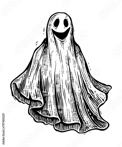 ghost sheet engraving black and white outline