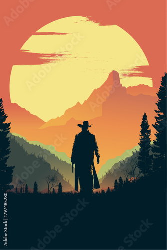 Classic retro western movie poster with a cowboy, sheriff, outlaw man silhouette with a gun in mountains, prairie at the sunset or sunrise. Vector vertical illustration