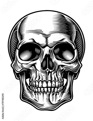 skull head engraving black and white outline