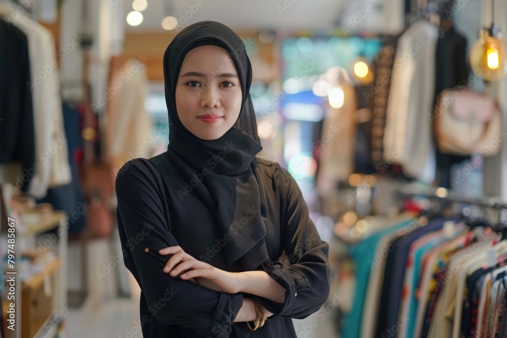 Asian Muslim female business owner in boutique fashion store portrait. Asian Muslim female business owner in boutique fashion store portrait.