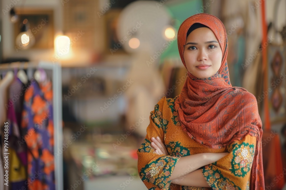 Asian Muslim female business owner in boutique fashion store portrait.