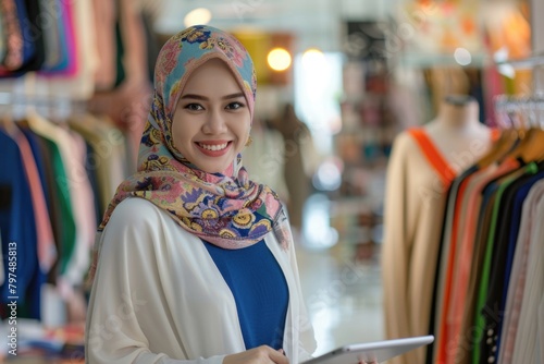 Young Muslim businesswoman smiles holds tablet in fashion boutique.