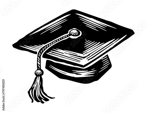 graduation hat engraving black and white outline