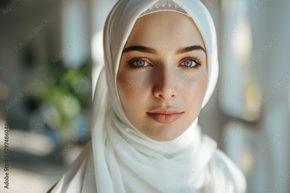 Portrait of beautiful young muslim arabian woman wearing white hijab looking at camera copy space Portrait of beautiful young muslim arabian woman wearing white hijab looking at camera copy space