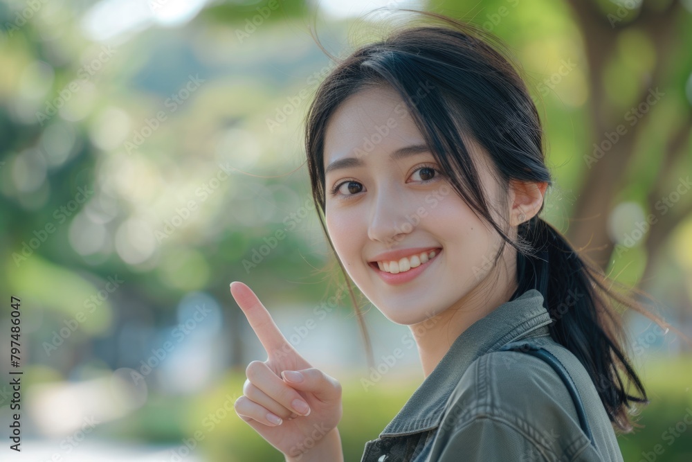 Portrait of cheerful young Asian woman pointing to copy space Portrait of cheerful young Asian woman pointing to copy space