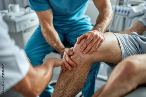 Male physical therapist healing mans knee in rehabilitation clinic - physiotherapy concept photo