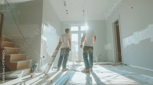 Professional workers painting modern living room walls during home renovation service photo