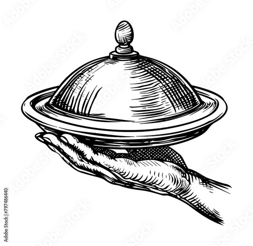 hand food tray engraving black and white outline