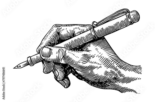 hand hold pen engraving black and white outline