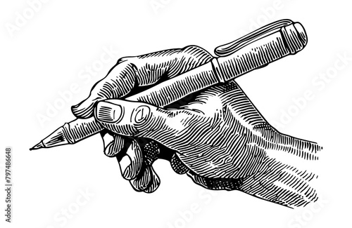 hand hold pen engraving black and white outline
