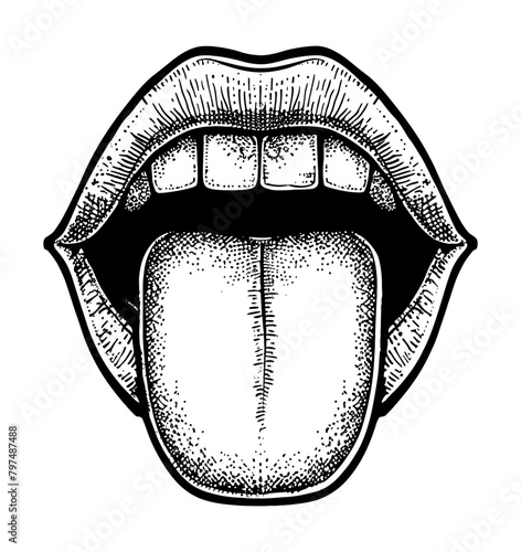 open mouth tongue engraving black and white outline