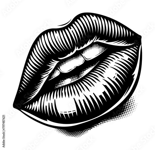 sensual lip engraving black and white outline