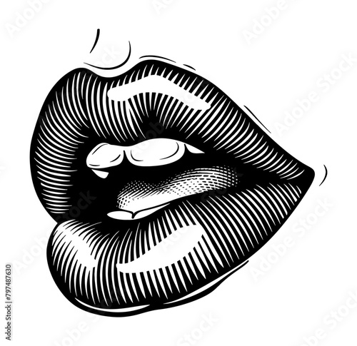 sensual lip engraving black and white outline