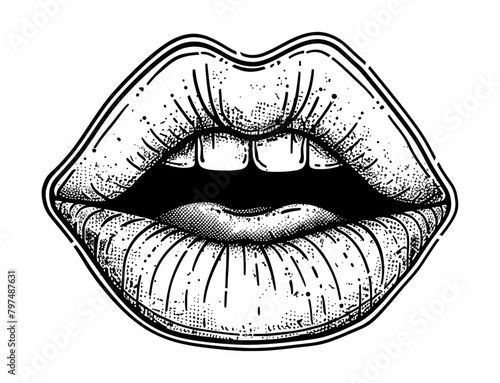 sensual lip engraving black and white outline