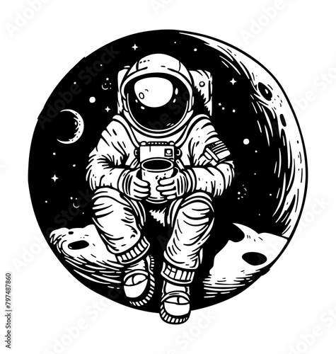 astronaut sit moon engraving black and white outline