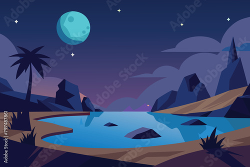 Desert oasis landscape at night vector design