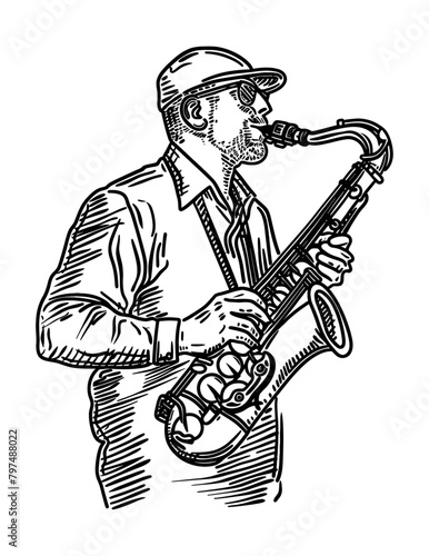 man play saxophone engraving black and white outline