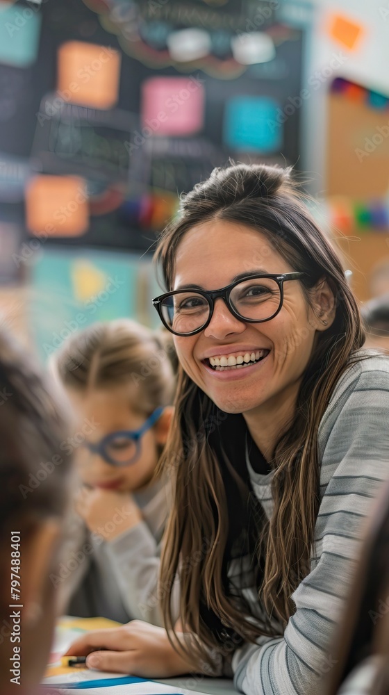 Happy female teacher with students in Classroom Happy female teacher with students in Classroom