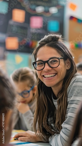 Happy female teacher with students in Classroom  © CREATIVE STOCK