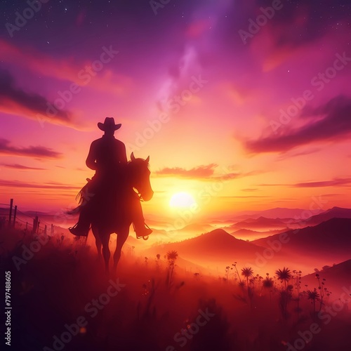 silhouette of a cowboy riding into the sunset © HeriAfrilianto