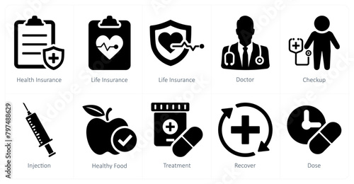 A set of 10 health checkup icons as health insurance, life insurance, doctor