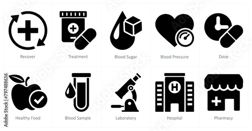 A set of 10 health checkup icons as recover, treatment, blood sugar