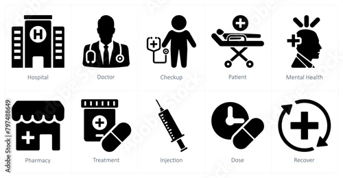 A set of 10 health checkup icons as hospital, doctor, checkup