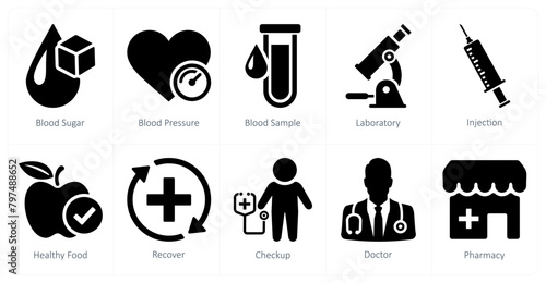 A set of 10 health checkup icons as blood sugar, blood pressure, blood sample