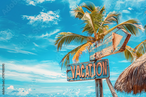 Wooden sign with text 'Vacation' in front of blue sky and tropical palm tree © Firn
