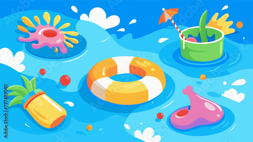 A pool party with a Splish Splash Halfway Bash theme featuring halfinflated pool floats and halffilled water guns.