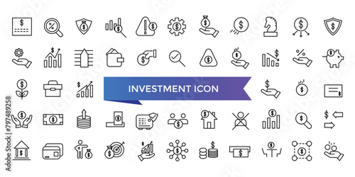Investment icon collection. Related to investor, mutual fund, ascollection, risk management, economy, financial gain, interest and stock icons.