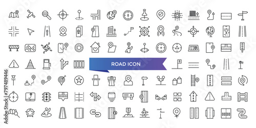 Road icon collection. Related to street, highway, traffic light, directions, parking, route, intersection and roundabout symbol. Line icon set.