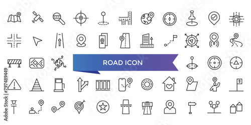Road icon collection. Related to street, highway, traffic light, directions, parking, route, intersection and roundabout symbol. Line icon set.