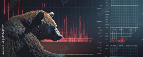 A large brown bear sits in front of a red and black stock market chart.