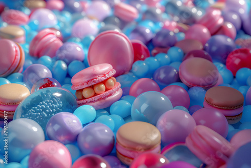 Beautiful blue river colorful candy gum drops, gumballs, lollipops and macarons 