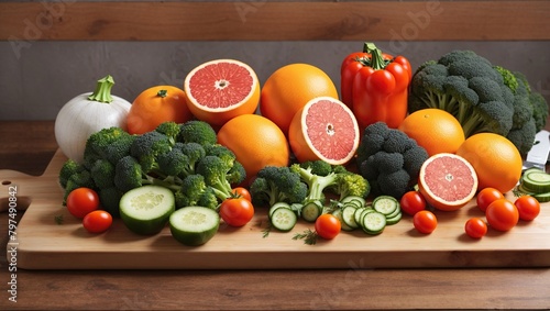 There is a wooden table with a white cutting board on it. On the cutting board are several fruits and vegetables including grapefruits, oranges, tomatoes, and broccoli.