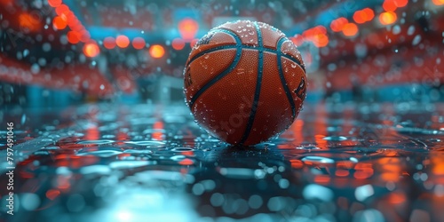 Basketball on wet court under rain in electric blue