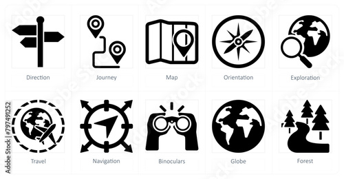 A set of 10 adventure icons as direction, journey, map