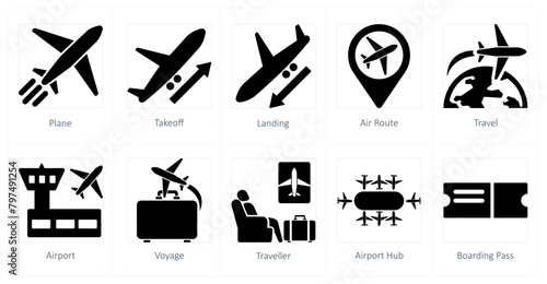 A set of 10 airport icons as plane, takeoff, landing