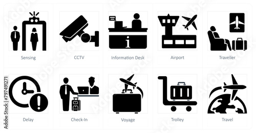 A set of 10 airport icons as sensing, cctv, information desk
