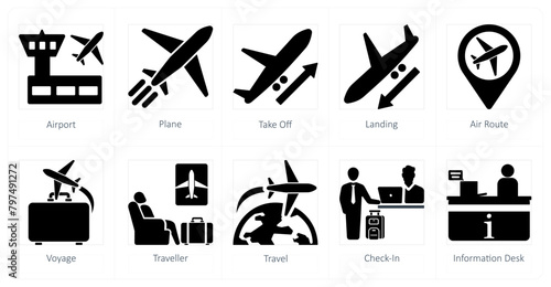 A set of 10 airport icons as airport, plane, takeoff