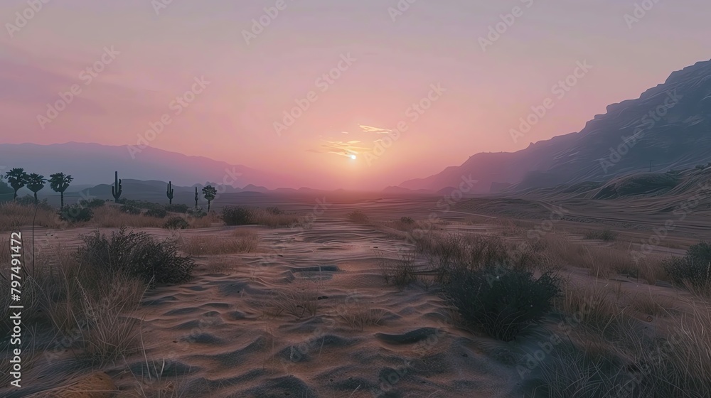 Desert scene, twilight, low-angle shot, deep blues and purples, sharp focus Desert scene, twilight, low-angle shot, deep blues and purples, sharp focus