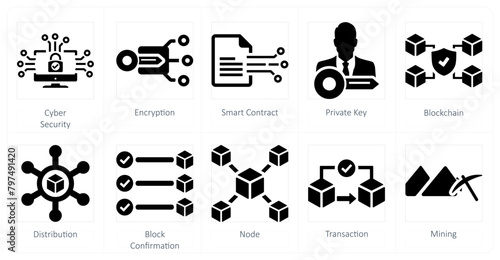 A set of 10 blockchain icons as cyber security, encryption, smart contract