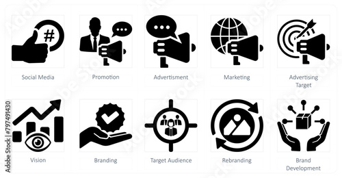 A set of 10 branding icons as social media, promotion, advertisement