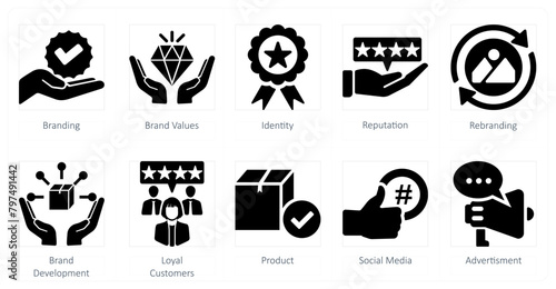 A set of 10 branding icons as branding, brand values, identity